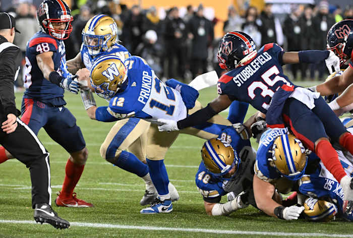 Nov 19, 2023; Hamilton, Ontario, CAN; Winnipeg Blue Bombers quarterback Dakota Prukop (12) scores a touchdown against the Montreal Alouettes in the second half at Tim Hortons Field. Mandatory Credit: Dan Hamilton-USA TODAY Sports  